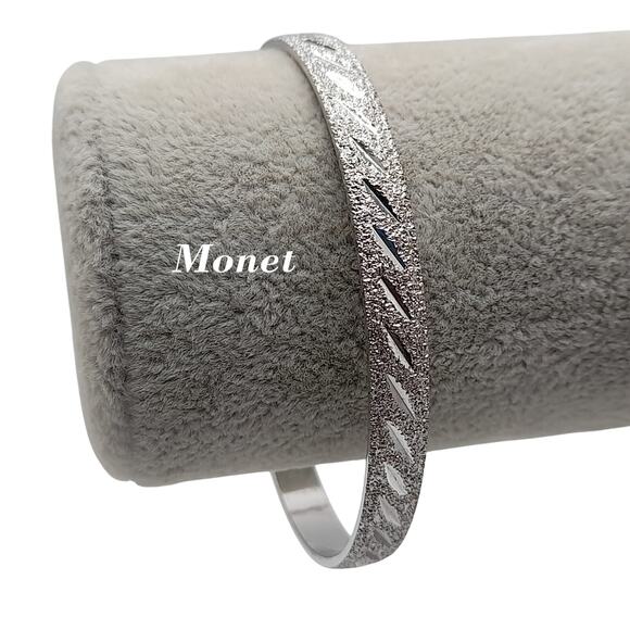 Vintage Monet Bangle Bracelet, Rhodium Plated, Silver Tone, 7 7/8" - Picture 1 of 9